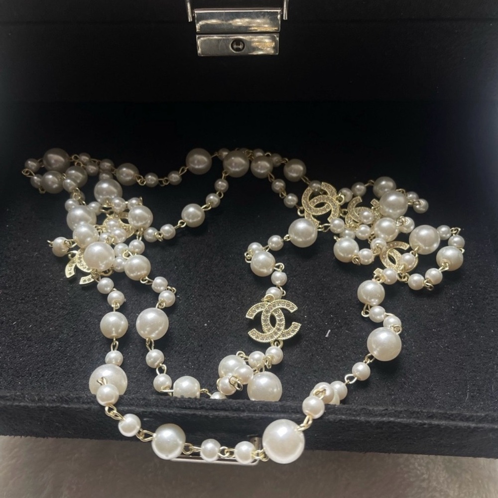 Pearl and Gold Tone Long Necklace - White Pearls